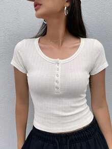 DAZY Casual Basic Solid Color Short Sleeve T-Shirt, Versatile For Summer Crop Top Golf White - Beige - View 2