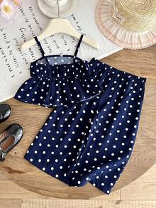 SHEIN Bộ đồ bé gái thường ngày dễ thương gồm áo hai dây chấm bi và quần cạp chun. - Nhiều màu - Xem 2