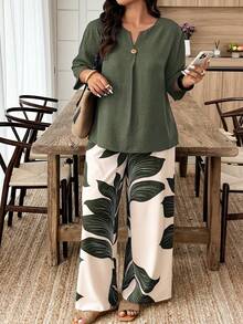 Weeklong Plus Size Women's Solid Color Casual Mid-Sleeve Shirt And Loose Long Pants Two Pieces Set, Spring/Summer - Multicolor - View 3