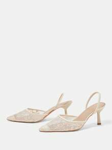 CUCCOO HITCHD Women's Embroidered Mesh Design Pointed Toe Asymmetric Heel High Heels, Romantic Elegant Stylish Mesh Pumps With Exposed Heel For Formal Occasions, Dates, Afternoon Tea, Weddings, Parties, Valentine's Day Spring Shoes - Beige 7 - View 3