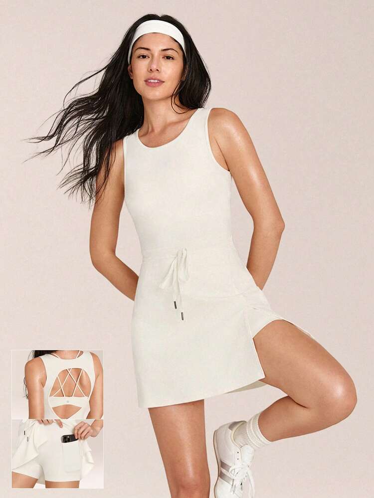 Everyday Moves Crewneck Drawstring Waist Open Back Side Split Hem Built-In Shorts Pockets Anti-Slip Grips Active Dress Daily Casual Street Wear