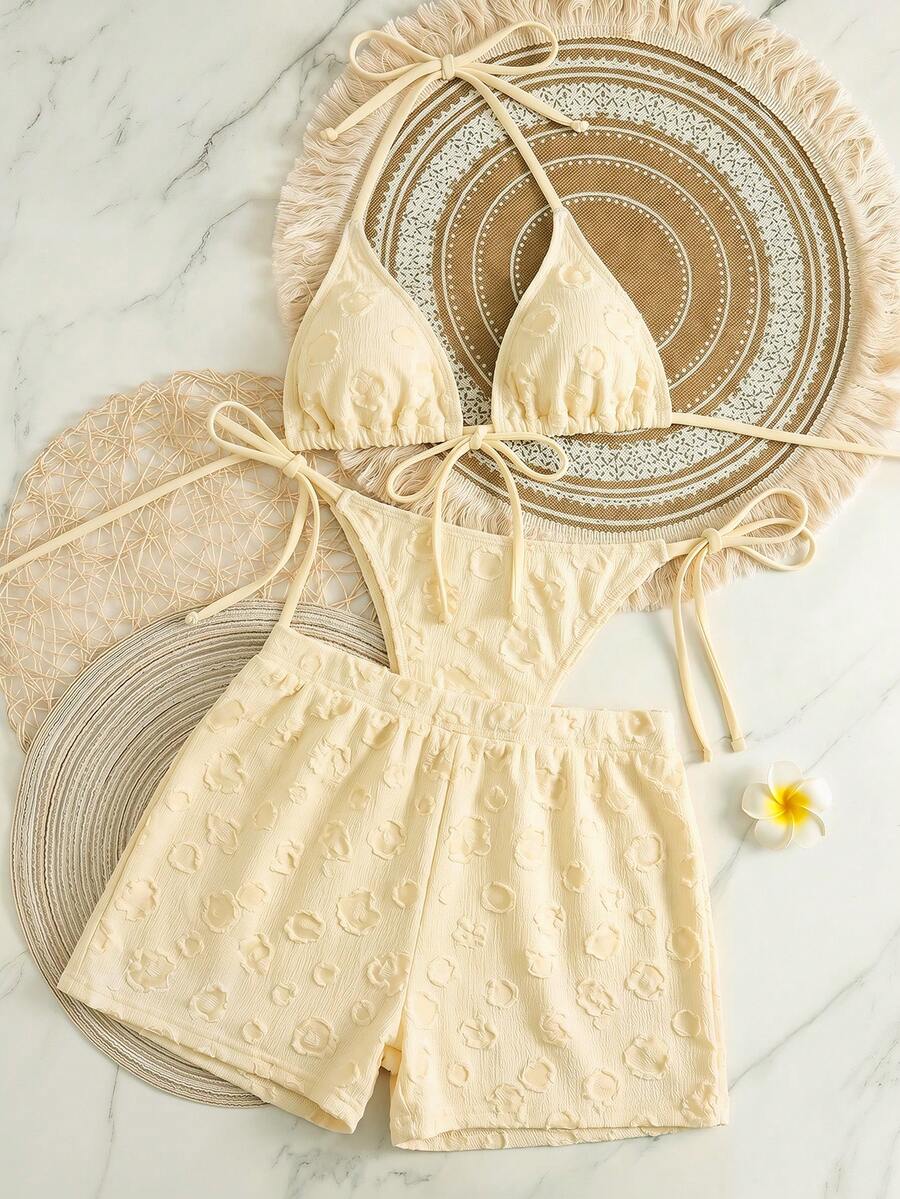 Bộ 3 món đồ bơi kiểu Boho bằng vải móc có dây rút, áo khoác ngoài bikini cho kỳ nghỉ hè ở bãi biển, áo hai dây bikini tankini màu vàng chấm bi chất liệu vải dệt họa tiết, váy thanh lịch cho nữ, trang phục đi biển cho nữ, bikini đi biển mùa hè 2026 cho nữ. - Màu vàng - Xem 1