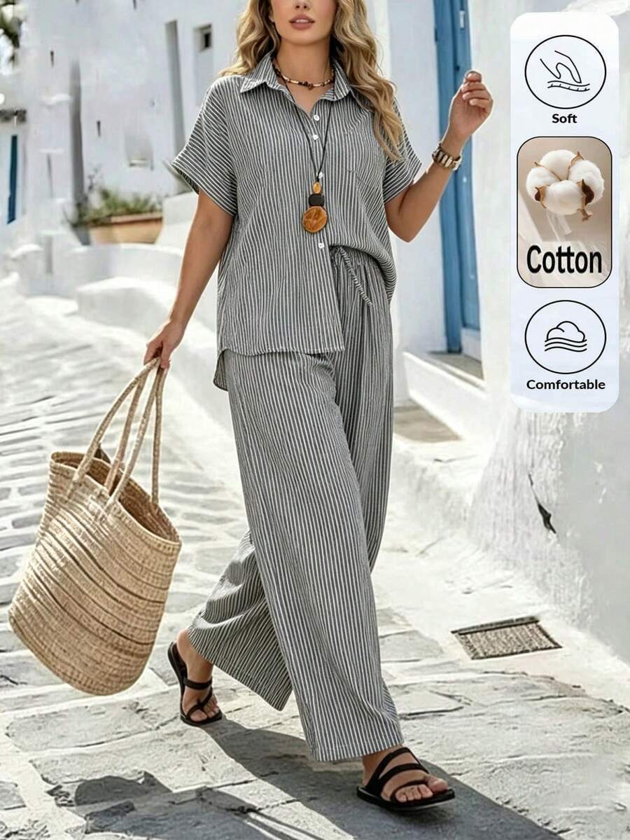 Linhara CURVE Ensemble 2 pièces grande taille, chemise en coton élégante et décontractée avec poches pour le travail/printemps/été/automne et pantalon droit en coton - Noir - Voir 1