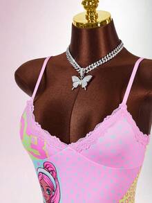 Amplova 2pcs/Set Women's Backless Spaghetti Strap Graffiti Y2K Lace Layered Camisole & Mini Skirt - Multicolor - View 4