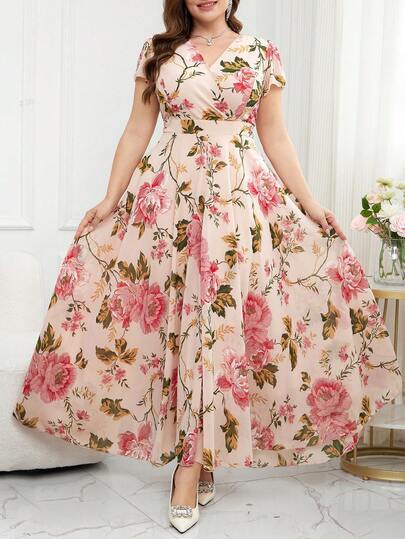 Reflora Vestido floral elegante para mujer de talla grande, vestido de verano, vestido para invitada de boda