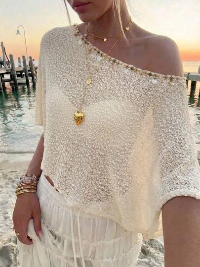Lucivie Women's Elegant And Casual Apricot Off-Shoulder Shell Loose Sheer Cover-Up, Summer Outfit, Elegant Party Top, Women's Beach Wear, Beach Swimsuit Cover-Up, Women's Elegant Top, Women's Casual Top, Women's Holiday Outfit, Beach Fashion, White Topwork Tops For Women,Graduation Season Attire, Fashionable Casual Commuter Wear, Business Office Wear, Versatile And Stylish Everyday Casual Wear, Urban Teacher's Professional Attire,Sports,Luxury,Formal,Work Outfits For Women,Country Concert Outfit