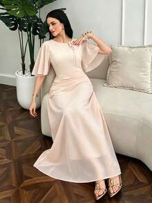 Modelyn Women's Ruched Waist Concealed Belly Flared Long Style Dress Brunch Orange Pink Summer Elegant - Apricot - View 7
