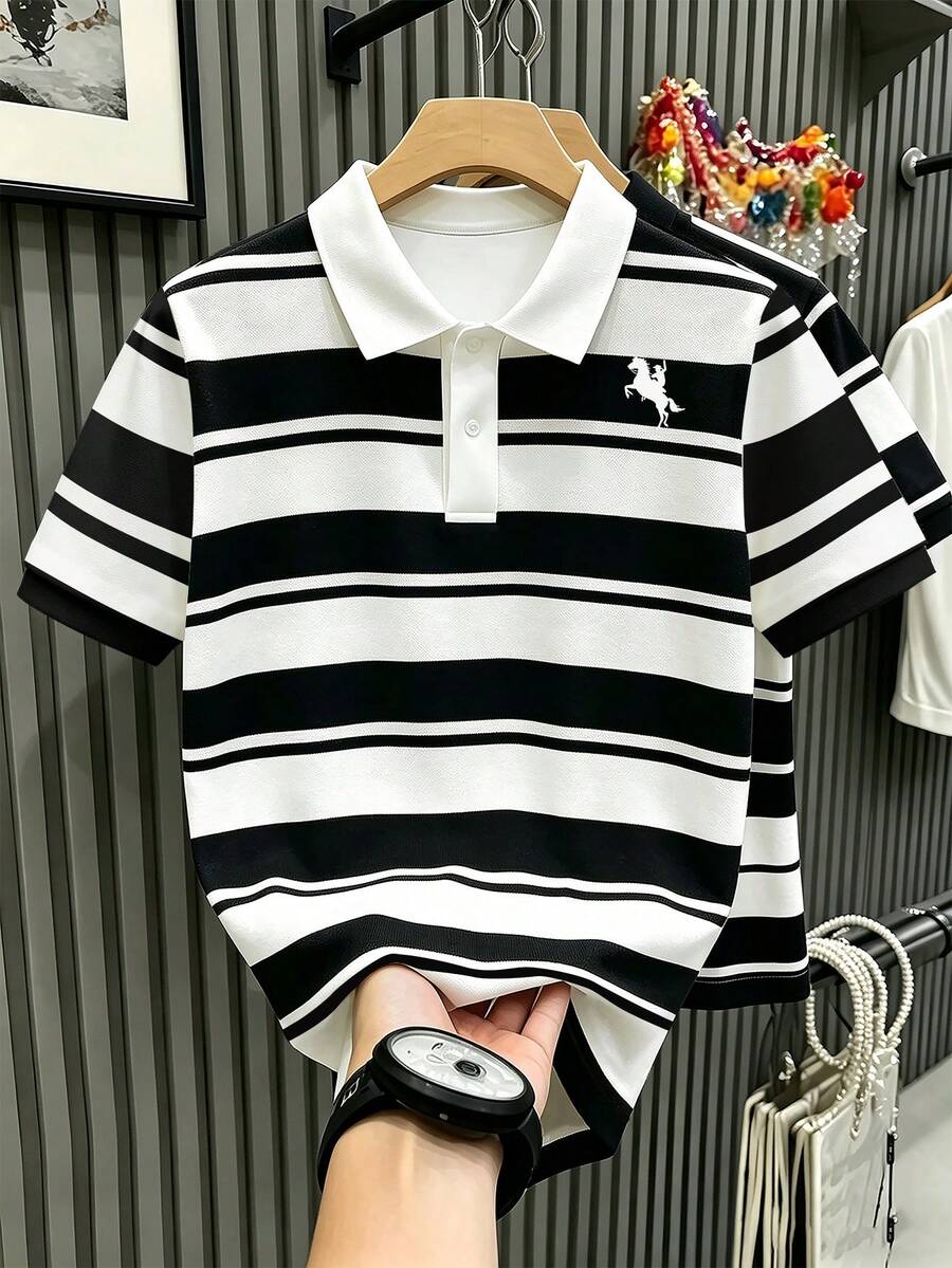 Chillumni 男士半拉链短袖休闲条纹Polo衫，夏季