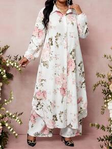 SHEIN Lady 大码女式印花单排扣长款上衣和裤子休闲两件套 - 彩色 - 查看 5