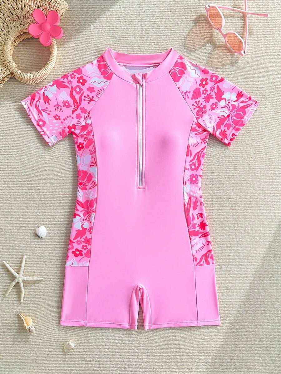 SHEIN 少女连体泳衣,柔软舒适的花卉印花,短袖,前拉链,撞色插肩袖设计 - 淺粉色 - 查看 1