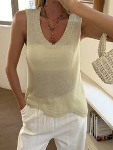 DAZY Blusa de punto sin mangas de unicolor minimalista, adecuada para primavera y verano - Albaricoque - Ver 1