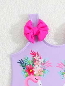 Baby Girl Flamingo Print Bow Decor One-Piece Swimsuit - Mauve Purple - View 3