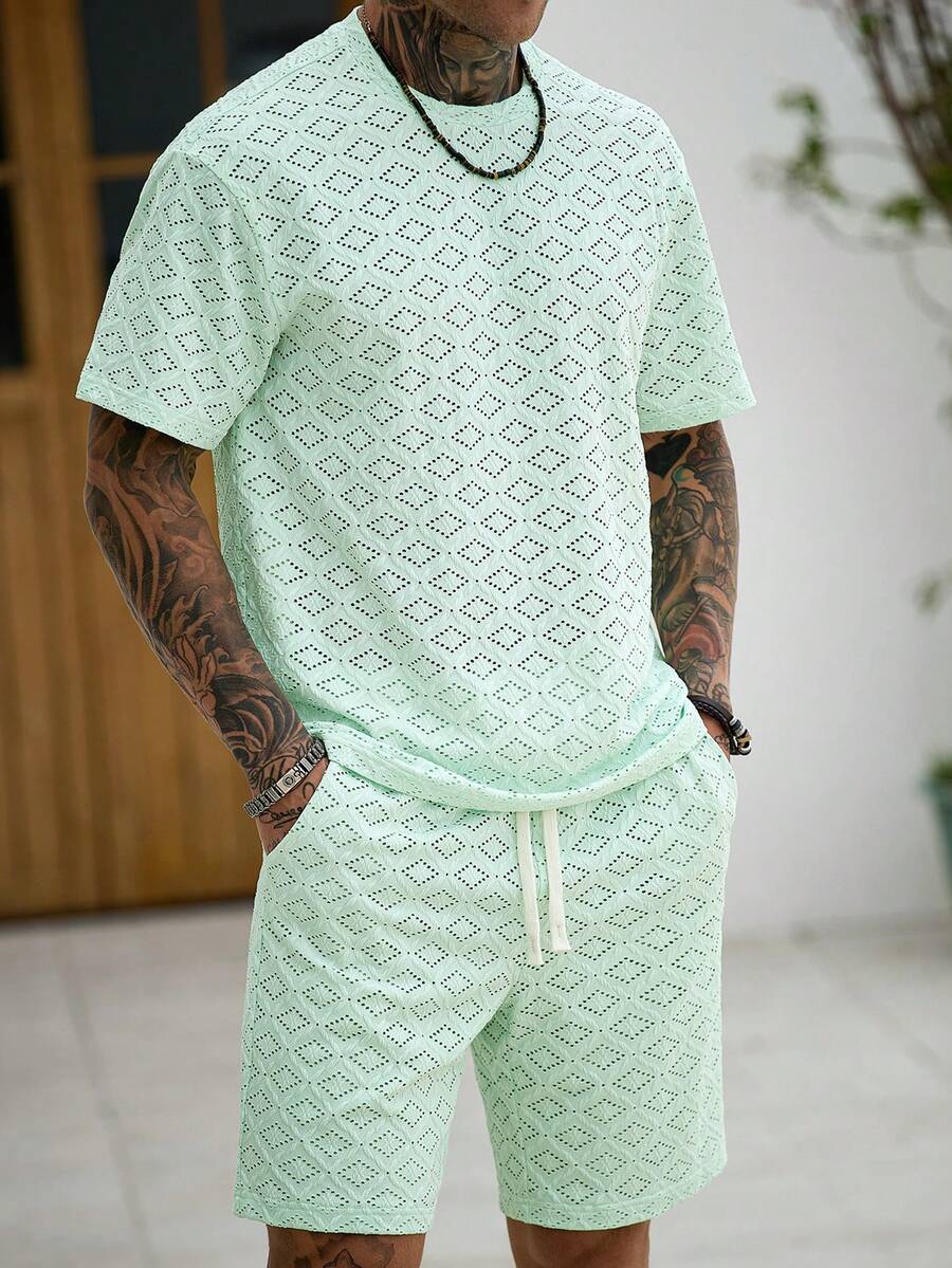 Manfinity CasualCool 男士纯色圆领短袖T恤和短裤套装 - 綠色 - 查看 1