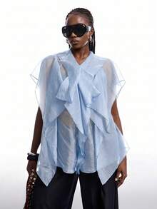 LYSMO Plus Size Women's Light Blue Ruffled Collar Button Front Mesh Patchwork Elegant Bohemian Chiffon Blouse - Baby Blue - View 1