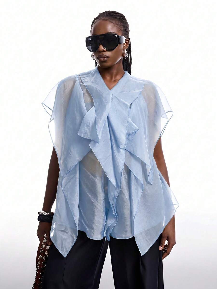 LYSMO Plus Size Women's Light Blue Ruffled Collar Button Front Mesh Patchwork Elegant Bohemian Chiffon Blouse - Baby Blue - View 1