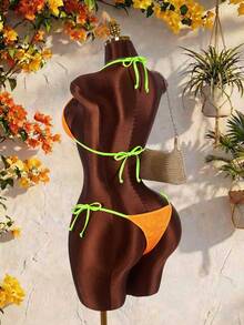 Amplova Conjunto de Maiô Bikini Sexy Feminino, Adequado para Férias, Design Fofo Bicolor Fluorescente, Ideal para Praia - Laranja - Visão 1