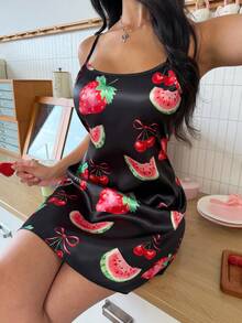 SweetSlumber Áo ngủ satin nữ họa tiết dâu tây ngọt ngào - Nhiều màu - Xem 6