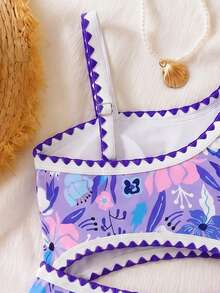 SHEIN Traje de baño de una pieza con diseño tropical floral asimétrico para niñas preadolescentes, con diseño de corte asimétrico con forro, modesto y cómodo, con estilo hawaiano y de moda, adecuado para nadar, piscina, surf, vacaciones, fiestas, playa - Morado - Ver 4