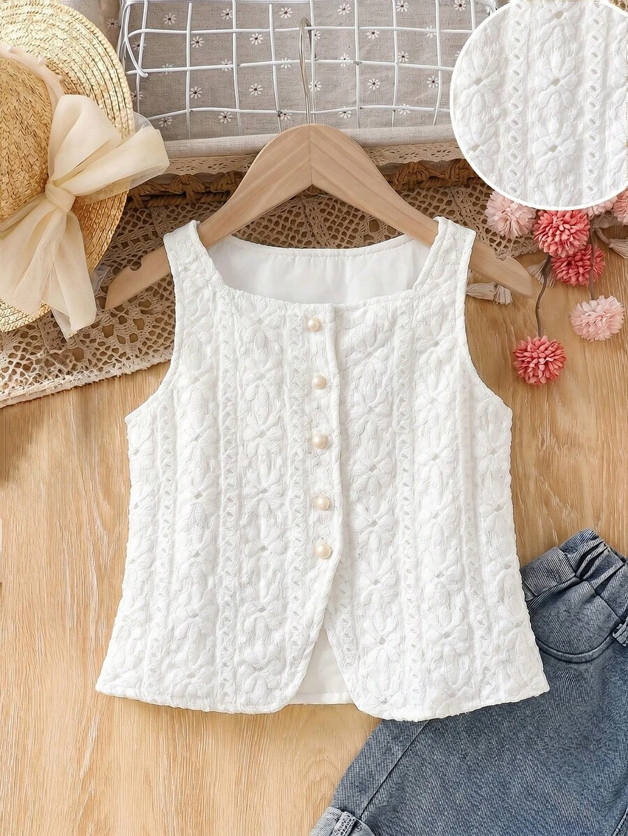 SHEIN Young Girl Woven Solid Color Textured Sleeveless Shirt - White - View 1