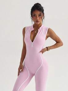 SHEIN Dewbera Quần thể thao liền thân kẻ sọc tương phản dành cho nữ - Hồng - Xem 4