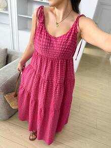 SHEIN LUNE Đầm nữ cỡ lớn kiểu dáng thường ngày mùa hè, họa tiết in, buộc dây vai, xếp tầng. - Nhiều màu - Xem 5
