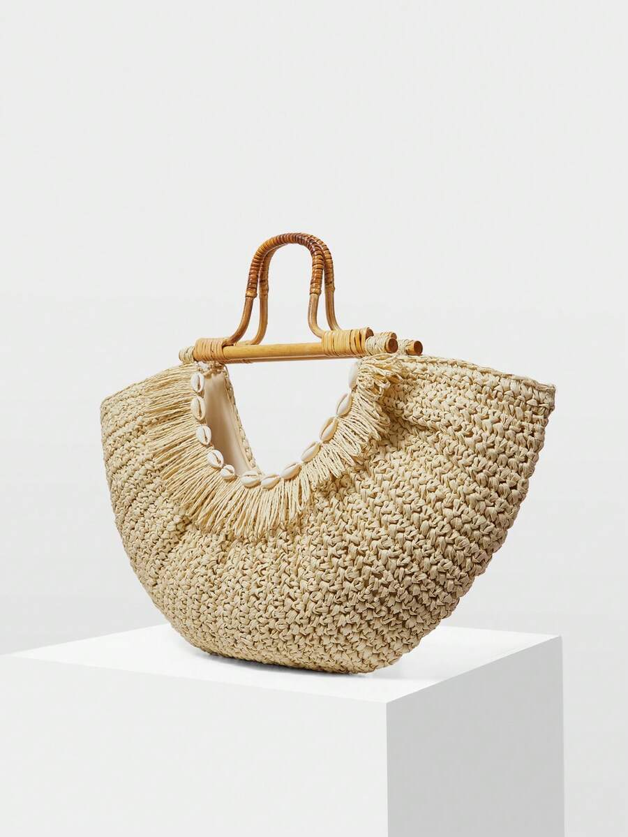 MOTF WOMEN'S TOTE BAG, EXQUISITE FASHION HOLIDAY FAN-SHAPED HANDBAG - Beige - View 2