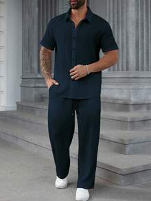 Manfinity Homme 大尺碼男士休閒純色襯衫與長褲兩件套，夏季，正式 - 藏蓝色 - 查看 5