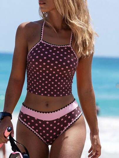 Swim SPRTY 2pcs/Set Summer Beach Women's Random Floral & Polka Dot Tankini Top (Tummy Slimming) And Tankinis Shorts, Shell Decor, Camisole Strap Swimwear Set