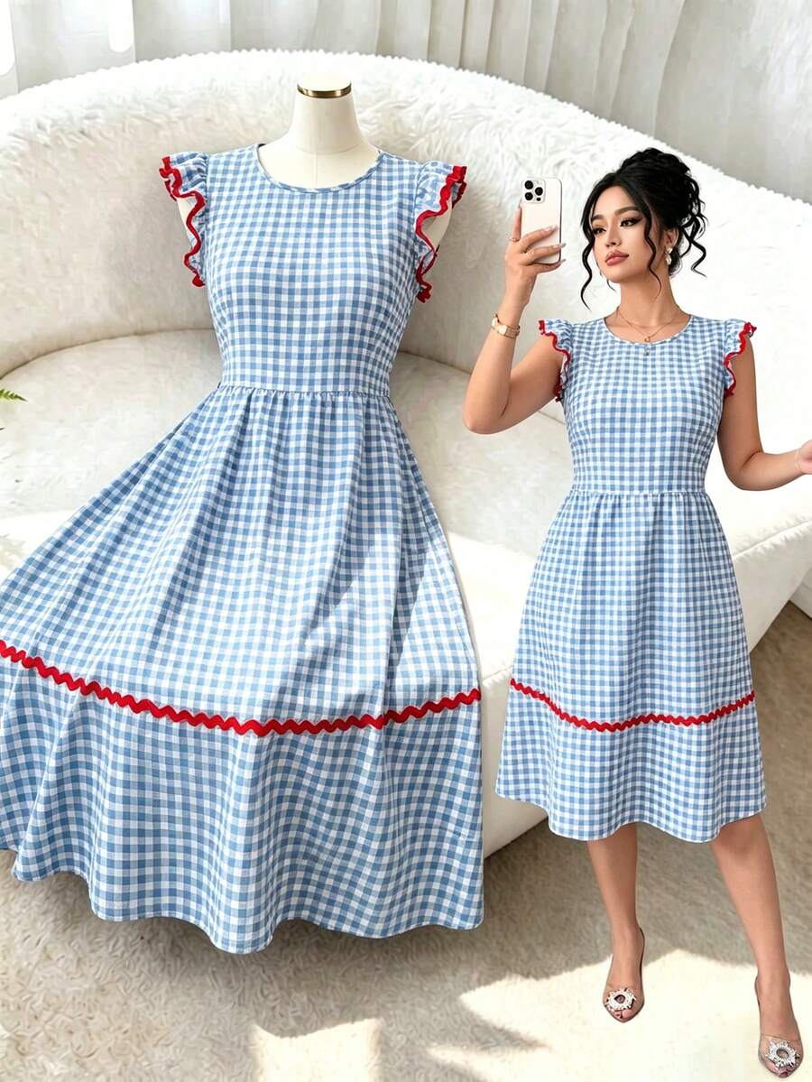 Elenzga Plus Size Summer Casual Plaid Patchwork Ribbon & Ruffle Hem Dress - Blue - View 1