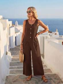 EMERY ROSE Women's Solid Color Round Neck Casual Everyday Jumpsuit - Brown - View 4