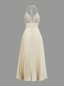 Sunnyshic Bohemian Boho V-Neck Sexy Solid Color Shell Tassel Pleated Dress, Summer Holiday Style Vacation White - Apricot - View 2