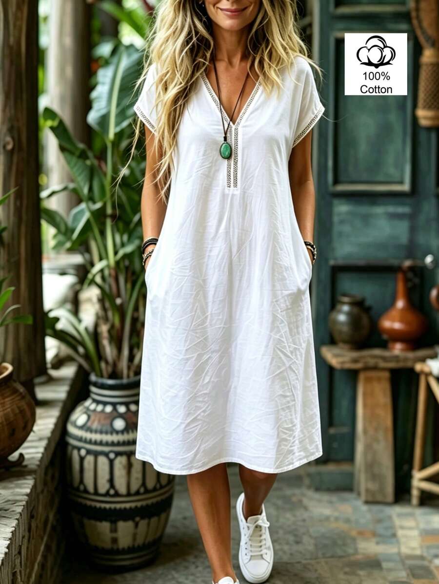 Linavere Nuevo vestido de cuello en V para primavera/verano para mujeres - Diseño de parche de encaje floral - Uso casual de oficina suelto - Vestido blanco - Blanco - Ver 1