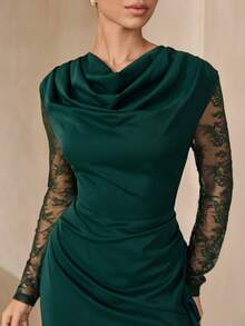 Graceveil Vestido elegante para mujer con cuello drapeado, cintura fruncida y encaje de contraste en color verde oliva - Verde Oscuro - Ver 3
