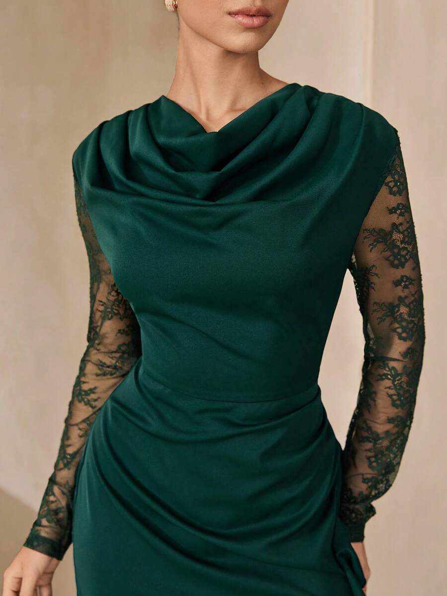 Graceveil Olive Green Draped Neck Ruched Waist Contrast Lace Elegant Dress For Women - Dark Green - View 1