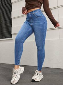 SHEIN PETITE Women's Solid Color Slant Pocket Skinny Casual Versatile Jeans ,Petite Women - Light Wash - View 5