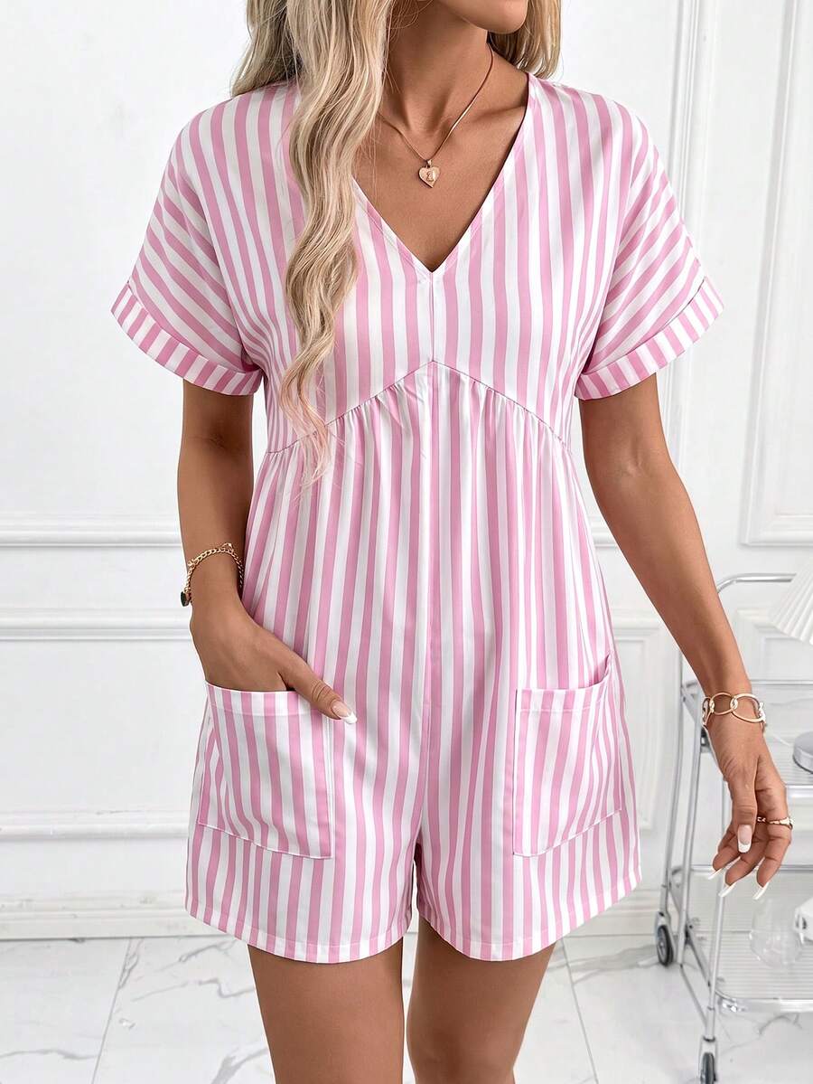 SHEIN Clasi Women's Striped Print V-Neck Short Sleeve Jumpsuit - Pink - View 1