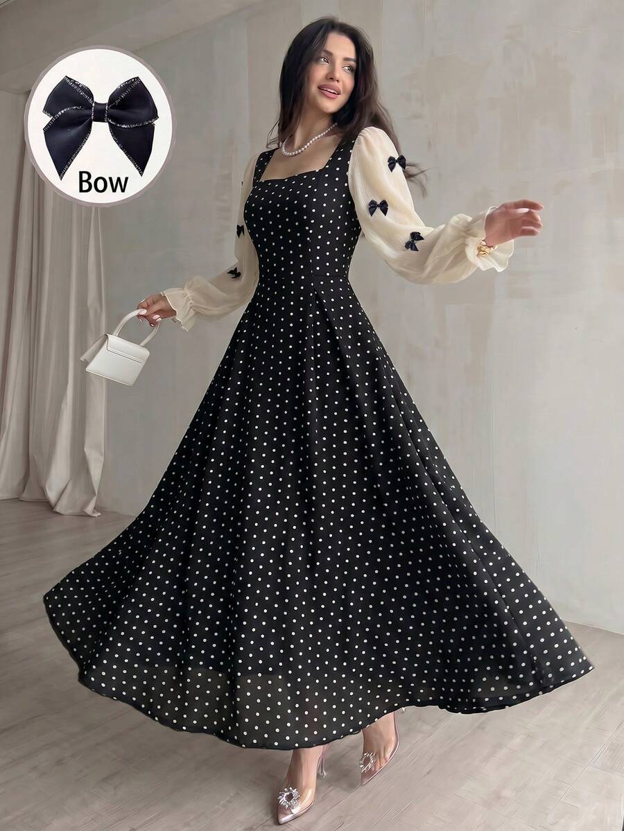 Modelyn 女士混色拼接蝴蝶结腰部褶皱花卉中长连衣裙