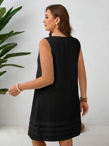 EMERY ROSE Plus Size Women Solid Color Round Neck Casual Summer Dress - Black - View 2