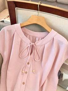GlowEve CURVE Plus Size Women Elegant Solid Color Round Neck Contrast Color Single-Breasted Drawstring Tank Top Sleeveless Brunch Dusty Pink Summer - Baby Pink - View 5