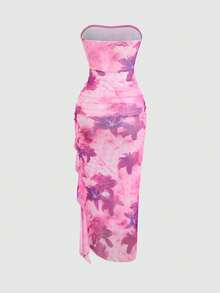 Sweetra Vestido tubo con estampado floral, fruncido, parches y volantes en el bajo para mujer - Rojo violeta - Ver 2