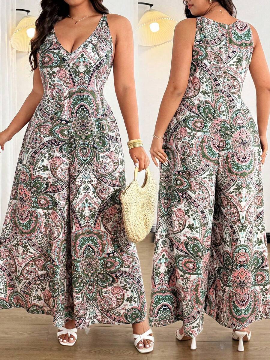 Ceyna Plus Size V-Neck Printed Sleeveless Wide Leg Jumpsuit With Invisible Zipper At Back - Multicolor - View 1