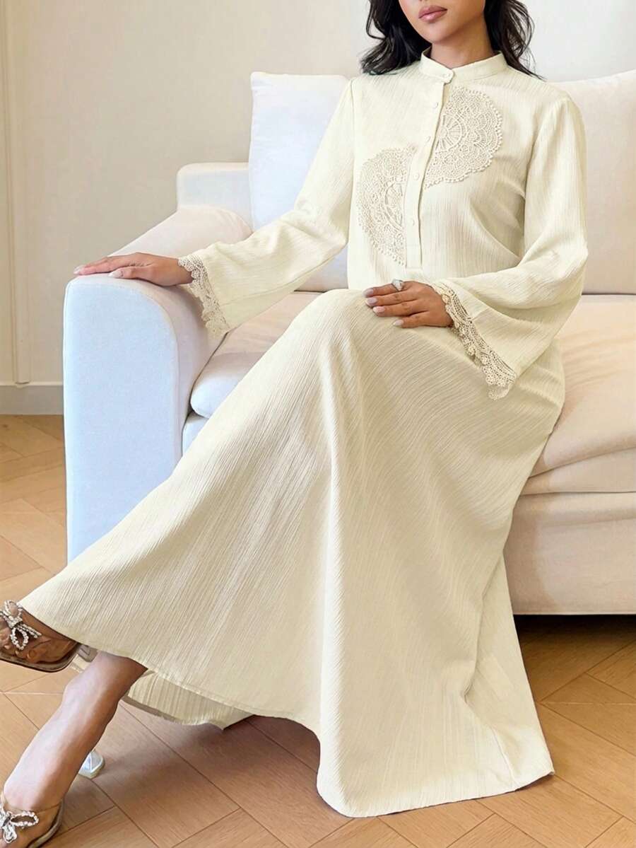 Yasmyna Đầm ren cổ tàu cho nữ, thích hợp mặc thường ngày hoặc dự tiệc. - Màu vàng - Xem 1