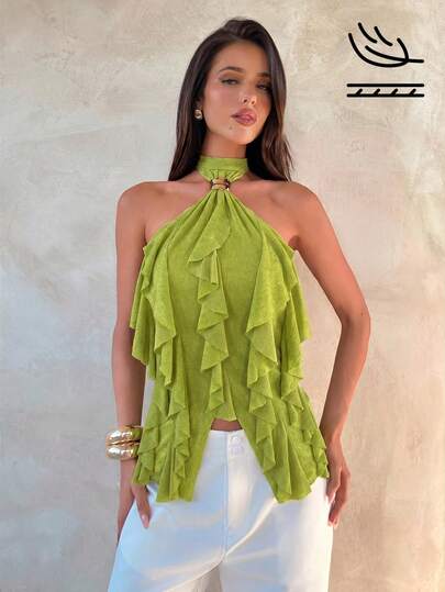 Aloruh Women's Elegant Multi-Layer Ruffle Trim Stand Collar Fitted Tank Top