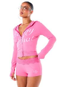 BABYPHAT Shorts de Malha Rosa Quente com Barra de Renda e Estampa de Logo, Shorts Casuais de Verão - Rosa chiclete - Visão 5