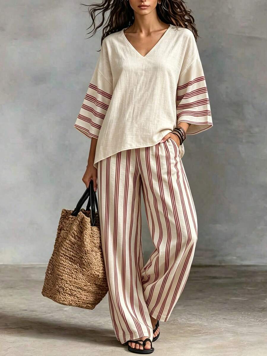 Breezaya Bộ đồ 2 món cho nữ mùa hè, kiểu dáng thoải mái, cổ chữ V, tay cánh dơi, ống đứng, tối giản, phù hợp cho công sở. - Đỏ - Xem 1
