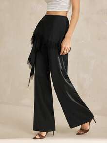 SHEIN Tall 2026 新款极简主义春夏女装蕾丝拼接荷叶边休闲百搭通勤阔腿裤蕾丝边饰裤 - 黑色 - 查看 5