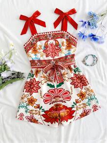 SHEIN 少女休闲度假夏季彩色蝴蝶结吊带露脐连体裤，适合海滩、音乐节、母女装 - 彩色 - 查看 5