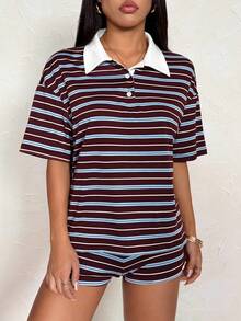 SHEIN PETITE Bộ đồ nữ phong cách Mỹ thường ngày, cổ điển, màu đỏ nâu sọc ngang, kiểu dáng preppy, gồm áo polo và quần short, thích hợp cho mùa xuân/hè. Áo polo nữ, trang phục retro, bộ đồ sọc ngang nữ, trang phục thập niên 90, trang phục thẩm mỹ nữ, trang phục thường ngày nữ, trang phục mùa hè nữ, bộ áo polo và quần short sọc ngang. - màu nâu - Xem 3