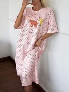 DAZY Áo ngủ ngắn tay in họa tiết chấm bi hình động vật và chữ cái dành cho nữ - Hồng - Xem 3