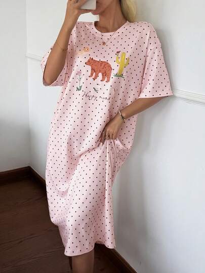 DAZY Women's Animal & Letter Pattern Polka Dot Print Short Sleeve Nightgown